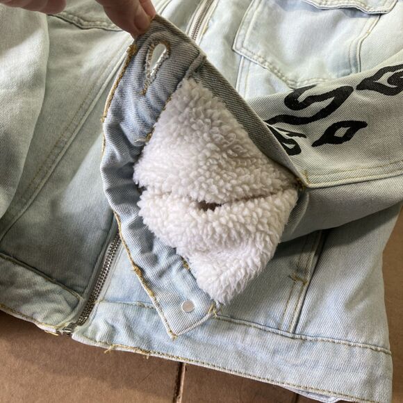 Boohoo Man Light Wash Denim Jacket with Graffiti Lining, Small Coat,‎ Full Zip - Picture 8 of 16